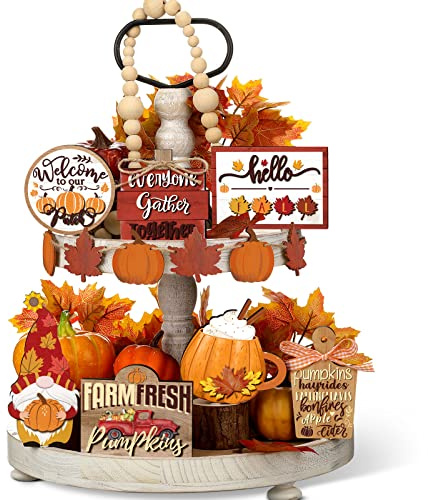BBTO Set of 15 Thanksgiving Fall Tiered Tray Decor Pumpkins Farmhouse Decor Autumn Maple Leaf Table Centerpieces Harvest Wood Blocks Signs for Home(Bright Style)
