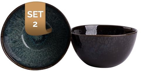 Palmer Eccentric tiefe Schalen - 2er-Set, Steingut, Ø 15 cm, 0,85 L, dunkelblau glänzend, braun umrandet, organische Form, für Müsli, Dessert oder als Obstschale, stapelbar, spülmaschinenfest
