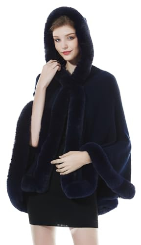 BEAUTELICATE Tricoté Poncho Femme Cape Manteau à Capuche Chaude Châle Étole en Fausse Fourrure pour Automne Hiver Mariage Soirée Gala Mariée Demoiselle d'honneur(Taille Unique, Bleu Marine)