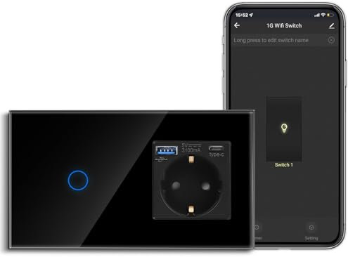 CNBINGO Smart Touch-Lichtschalter mit USB Schuko Steckdose, mit USB Anschluss und Typ C (Max. 3.1A), WLAN Lichtschalter für Alexa, Google Assistant, Schutzkontakt Wandsteckdose Unterputz, Schwarz