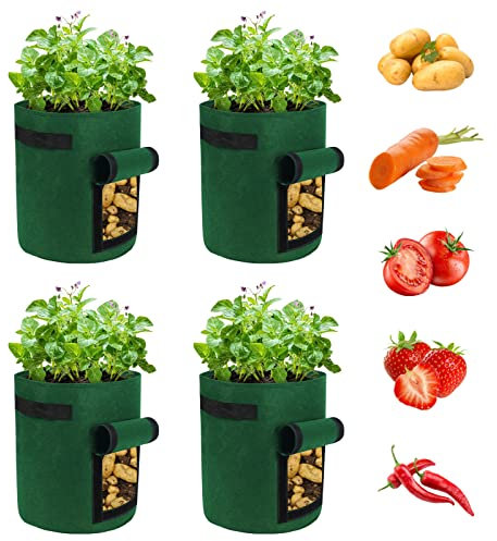 Ohiyoo Kartoffel Pflanzsack 10 Gal 4 Pack Kartoffelsack Zum Pflanzen, 38 L Pflanztaschen mit Sichtbarer Klappe, Kartoffel Pflanzsack Garten Pflanzbeutel für Gemüse, Kartoffel, Tomaten (Dunkelgrün)
