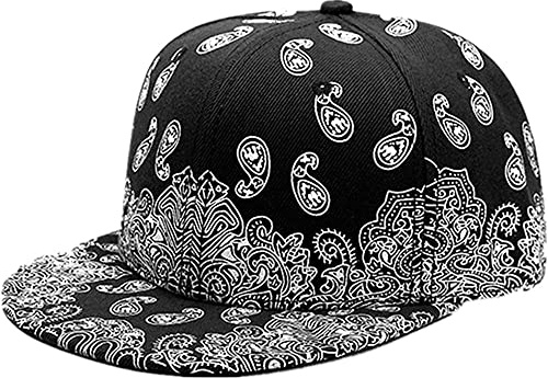 Pomzbo Blue Bandanas Hat Snapback Hat Men's and Women's Cashew Flower Print Flat-Edge Baseball Hats Bandana Baseball Cap (Black)