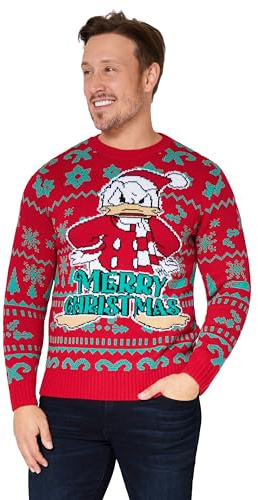 Disney Natale Maglione Uomo, Girocollo con Maniche Lunghe Pullover - Regalo Uomo e Adolescente (Rosso Donald, XL)