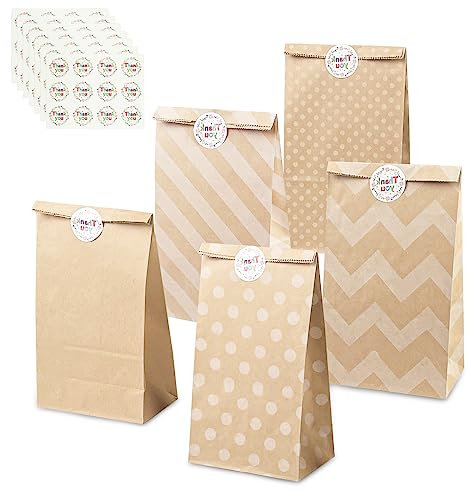 Relota 50 stück papiertüten braun, kraftpapier tüten kindergeburtstag mit 84 aufkleber, geschenktüten braune zum dessert und mitgebsel, für mitgebsel, Hochzeit, Weihnachten Party, Adventskalender