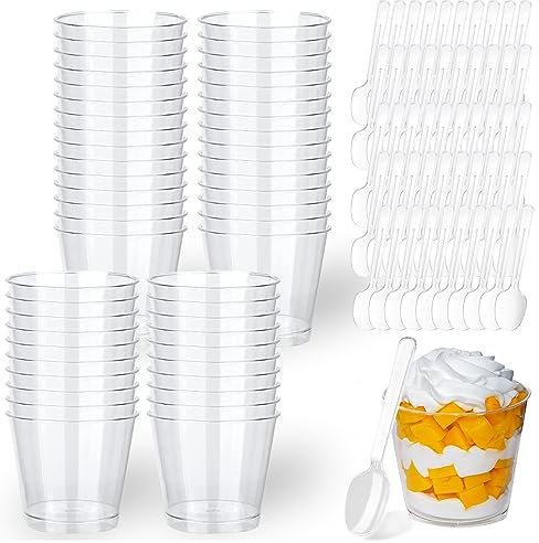 FainFun 50 pièces 200ml Coupe à Dessert en Plastique, Mini Coupe à Dessert Transparentes, Gobelet à Dessert Plastique, Bol à Dessert Pour Mousse Crème au Chocolat Pudding Dessert