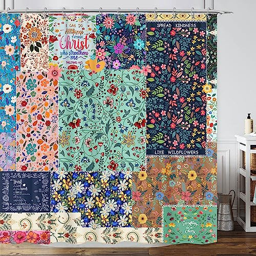 Boho Patchwork Floral Shower Curtain - Vintage Bohemian Colorful Flowers With Inspirational Quotes, Retro Funky Wildflower Hippie Eclectic Pattern, Fabric Waterproof 72x72