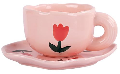 Disoza Kaffeetassen Set mit Untertasse Süße Rosa Tulpe Tasse Geschenke für Frauen zum Geburtstag Tee Kaffee Becher 250 ml Keramik Tasse Geburtstagsgeschenk für Frauen Mädchen Mama Freundin