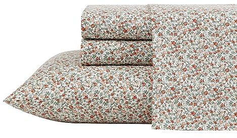 Laura Ashley - King Sheets, Cotton Percale Bedding Set, Crisp & Cool Home Decor (Emogene Burnt Orange, King)