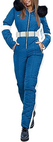 IQYU snödräkter för kvinnor, varm vinteroverall vattentät snöoverall vinter, snowboardjacka med pälshuva, softshell-skidjacka, skidkläder, stora storlekar, skiddräkter, snöbyxor, blå, L