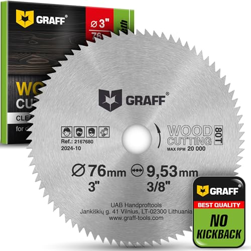 76 mm Lama per Sega Circolare per Smerigliatrice Angolare per Legno, Compensato, Laminato, Cartongesso, Plastica 80 Denti — Disco da Taglio per Legno con foro da 10 mm GRAFF
