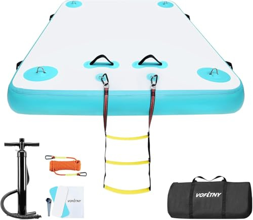 VOFiTNY Inflatable Floating Dock Air Platform Multi-Person Swim Water Mat with Rope Ladder, None-Slip Surface for Lake Beach (8ft x 6ft x 6in, Cyan)