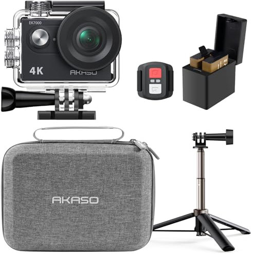 AKASO Pack de Creador EK7000 Cámara Deportiva 4K WiFi 20MP, Bolsa de Almacenamiento para Cámara de Acción, Camara Acuatica Sumergible con 60CM Palo Selfie, 2 Baterías