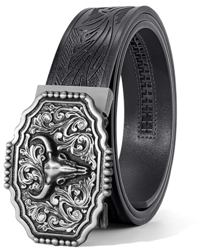 SANSTHS Ratchet cowboybälte, Western spärrbälten för män spärrhake western bälte med automatiskt cowboyspänne, Silvrig bull/svart, 33-39 Wasit Adjustable