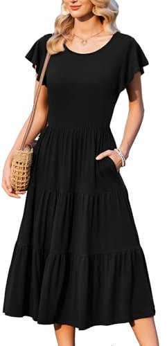 Zeagoo Maxi Dress for Women Summer Elegant Long Dresses Short Sleeve Crew Neck Swing A-Line Women's Clothing Casual Dresses for Women UK with Pockets Vacation Beach Dress Black M