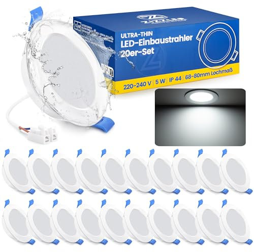ZIZZLER Downlight Led Techo Empotrable, 4000K Blanco Frio Redondo 5W IP44, Corte 68-80mm, Foco Empotrable Led Interior Techo, Luces Ojos De Buey LED, Para Baño, Cocina, 220V-240V, Pack 20