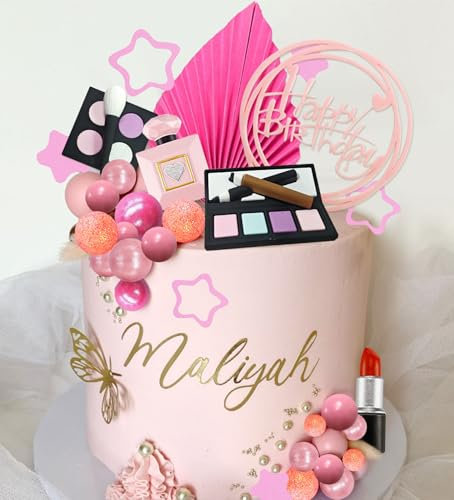 Decoración para tartas de maquillaje para fiestas glamorosas decoraciones para tartas de cumpleaños para niñas rosa bolas hojas de palma cake decoración para fiestas de cumpleaños en spa