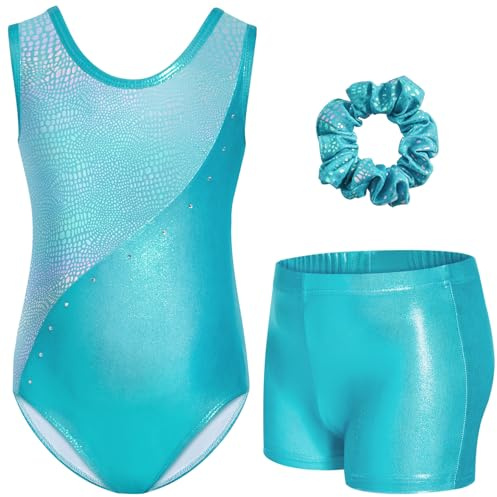 Gogokids, body da ginnastica per ragazze con strass e cristalli, con pantaloncini e fascia per capelli, abbigliamento sportivo per età 3–12 anni, Verde, 11-12 anni