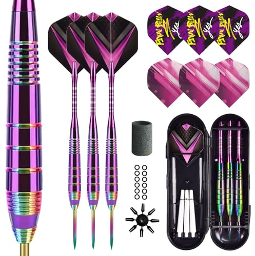 Lavishio Dart Metal Tip Set 3 Aluminum Dart Shafts Steel Tip Dart Set Professional Darts Steel Tip Set + Extra 3 Dart Flights 3 Replace Plastic Shafts (bright purple)