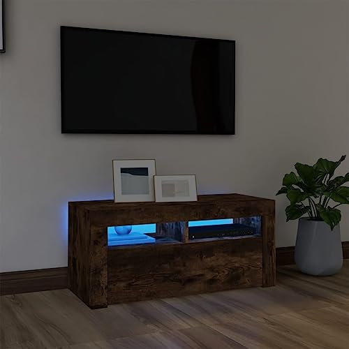 Woonisher Meuble TV avec lumières LED Chêne fumé 90x35x40 cm Ensemble Meuble TV et Table Basse