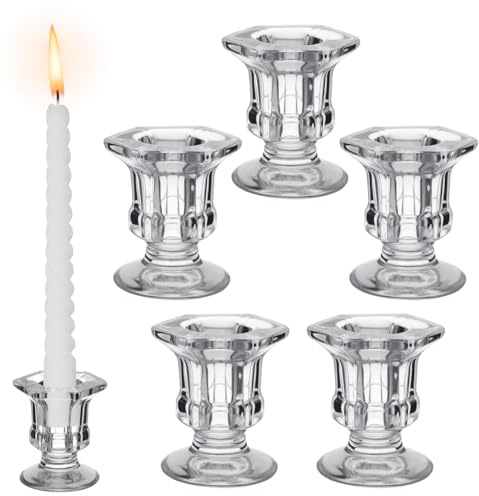 Healifty 6 Pack Glass Candlestick Holders for Taper Candles and Tealight Set - Clear Hexagonal Votive Stand for Table Decorations Centrepiece Wedding Christmas Dinner