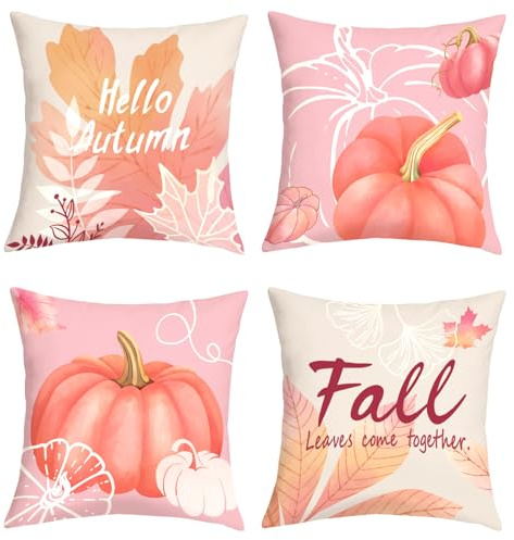 Joymaison Fundas Cojines 45x45 Juego de 4 Funda de Almohada Otoño Calabaza Rosa Acuarela Cojines Fundas Hojas de Arce Floral Cojine Decorativas para Sofá Salón Silla
