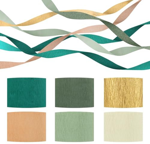 6Crepe Paper Rolls Green Brown Crepe Paper Streamers Colourful Streamers Papers Party Decorations Hanging for Wedding Anniversary Engagement Bachelorette Birthday Bridal Shower Baby Shower(4.5cm*25m)