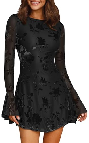 GOKATOSAU Women's Long Sleeve Mesh Velvet Floral Round Neck Fit and Flare Bodycon Mini Dress Black