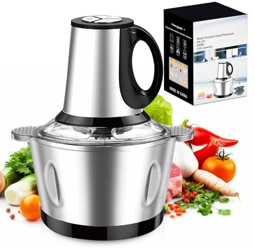 LUKVCIY Picadora eléctrica de 600 W, cuenco de acero inoxidable de 2 litros, 3 velocidades, procesador de alimentos para carne, verduras, ajo, nueces