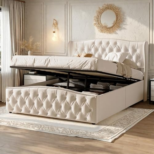 Avernest Lit Coffre 160x200 cm avec Rangement,Hydraulique Cadre de Lit Double avec Sommier à Lattes en Bois,pour Adultes et Adolescents (Beige, 160x200 cm)