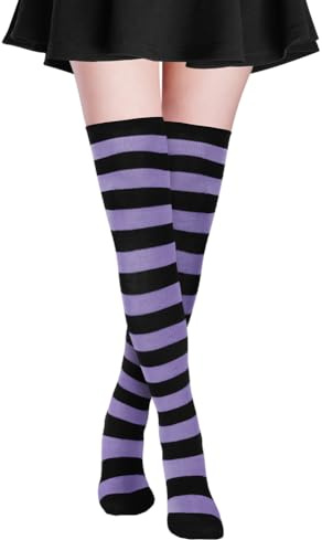 Alaoo Women's Knee High Socks, Thin Stripe Women Extra Long Thigh High Socks, Casual Striped Knee Thigh for Daily Wear, Cosplay, Carnival, Masquerade (Black and Purple)