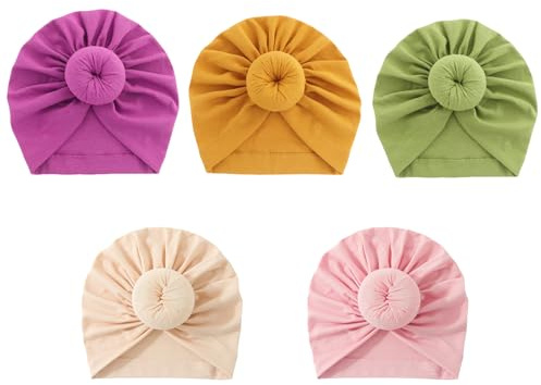 Bébé Turban Bonnets de Naissance, Coton Nœuds Papillons Bandeau Chapeaux, 3-24 Mois Mignon Elastique Casquettes Bonnets pour Enfant Fille Garçon (5 Pièces)