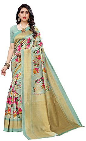 Yashika Sarée en soie avec dentelle imprimée, taille unique, vert, taille unique