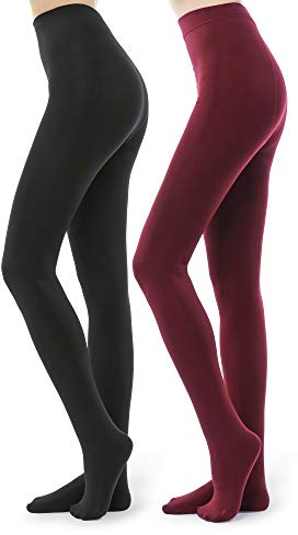 WAKUNA 2 Pairs Fleece Lined Tights for Women - 100D Opaque Warm Winter Pantyhose (L,1Black1Burgundy Red)