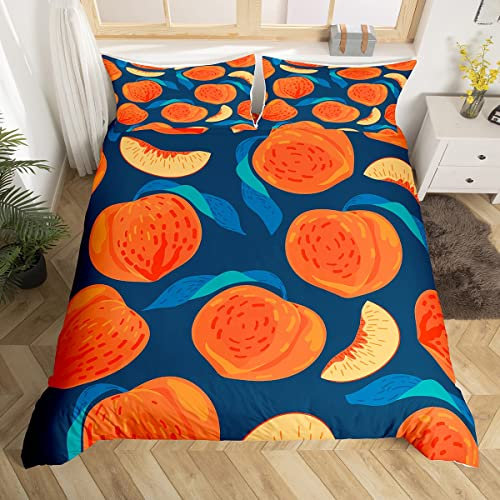 Loussiesd Peach Bedding Set for Kids Tropical Juicy Fruit Comforter Cover Set Nectarine Room Decorative Duvet Cover Fresh Fruit Botanical Bedspread Cover Double Size 3Pcs Bedclothes