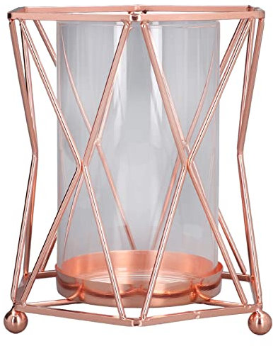 Serlium Blumenvase, roségoldener Pflanzenvasenständer mit schmiedeeisernem Blumenständer, transparenter Glasblumentopf, hydroponische Vase für Blumen, Zuhause, Hochzeit, Büro, Herzstück