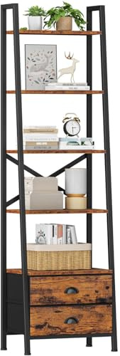 Furologee 5-Tier Ladder Shelf with 2 Drawers,Narrow Bookshelf Storage Shelves,Industrial Bookcase Freestanding Rack Units for Bedroom,Living Room,Bathroom,Home Office,Balcony,Wood Metal,Rustic Brown