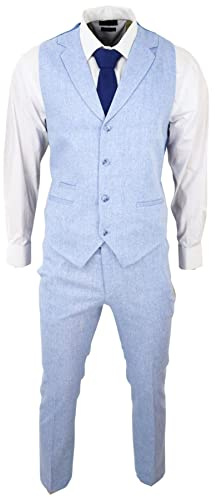 TruClothing Costume Homme Estival en Lin Habillé pour Mariage Gilet et Pantalon - Bleu Clair 52