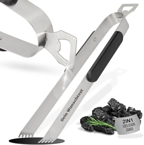 Pinza per barbecue personalizzata 35 cm in acciaio inox – idea regalo personalizzata per uomini per Natale – 2 in 1 pinza per barbecue con levacapsule – pinza da cucina con manico ergonomico, colore