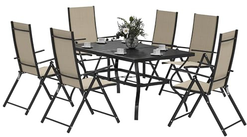 Outsunny 7 Pieces Garden Dining Set, 6 Seater Garden Furniture Set with Parasol Hole, Outdoor Dining Set with High Back Folding Chairs and Square Metal Top Table for Outdoor Patio, Khaki