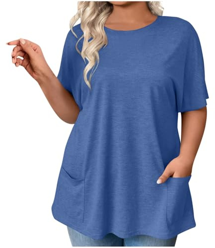 Camiseta de tallas grandes para mujer, informal, cuello redondo, blusa monocolor, con bolsillos, camiseta holgada de verano, talla grande, camiseta de manga corta, parte superior fina, camiseta