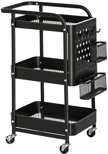 HOMCOM Servierwagen mit 3 Ebenen Küchenwagen mit Rollen Griff Rollwagen mit Haken und Korb, Küchenregal, Allzweckwagen für Küche Büro Badezimmer, Schwarz