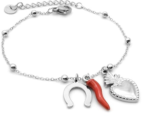 DEIMODRA Bracciale Portafortuna per Donna con Ciondoli Ferro di Cavallo, Corno Rosso e Sacro Cuore in Acciaio - Idea Regalo per Protezione e Fortuna - San Valentino, Compleanno