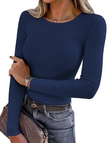 Aottori sous Pull Femme Manches Longues Col Rond Hauts Élégant Côtes Extensible T Shirt Slim Fit Pull Basic Couleur Unie Décontracté Top Ajusté Bleu Marine M