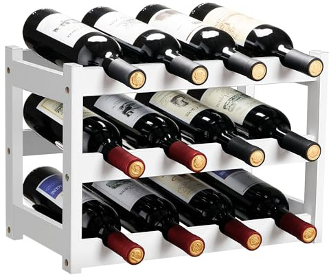 VASMIA Casier à Bouteilles pour 12 Bouteilles, Rangement Bouteille Vin en Bambou, Étagère à Vin 3 Niveaux pour Plan de Travail, pour Cave, Cuisine, Bars, 43x24x30 cm, Blanc