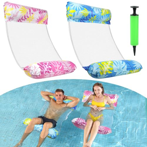 MOSTFUN 2Pcs Hamaca de Agua con Bomba de Aire, 4 en 1 Tumbona Hinchable, Colchoneta Hinchable Plegable Flotador, Hamaca Flotante Piscina Juguetes para la Piscina Verano Playa Piscina