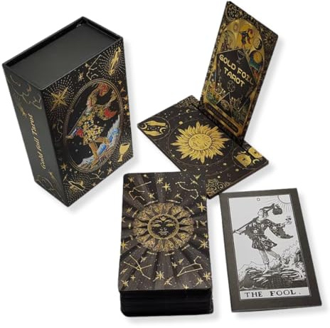 Baraja de Tarot con Lámina Dorada y Soporte de Madera, Estilo Waite Clásico, Fondo Negro con Marco Dorado y Motivo de Sol Celestial en el Dorso, Cartas PVC Impermeables con Caja Magnética de Lujo