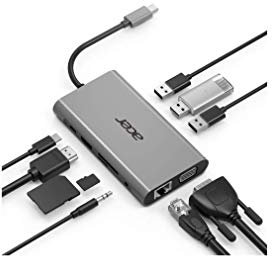 Acer, mini dock 10 in 1, USB tipo C per 1 HDMI, 1 VGA, 1 RJ 45, 3 USB 3.0, 1 SD, 1 TF, 1 USB tipo C (w PD), 1 jack da 3,5 mm, color argento