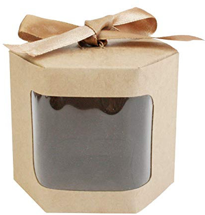Emartbuy Strong Paper Stand Up Hexagon Gift Bag, 10 cm x 10 cm x 12 cm, Brown Kraft Bag Cupcakes Cookies Muffin Pie Box with Clear Window and Ribbon - Pack of 12