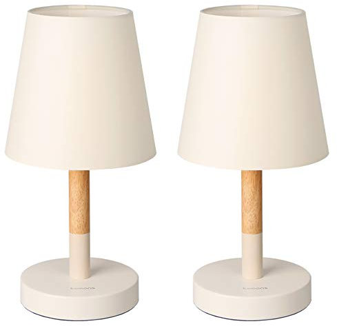 tomons Nachttischlampe LED 2er Set Holz, LED Tischleuchte mit Stoffschirm für Schlafzimmer, Wohnzimmer, Arbeitszimmer, Beistelltisch - Beige