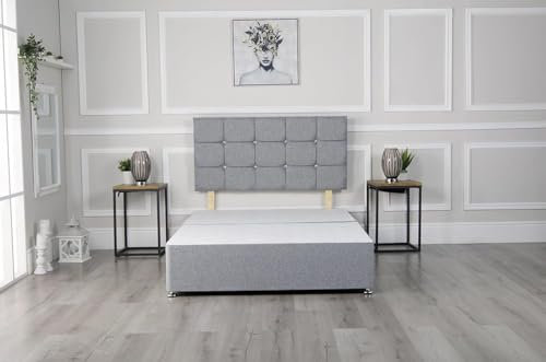 Bedsland Grey Chenille Fabric Divan Bed Base with Headboard | 4FT6 Double Bed Frame with 20 Inches High Headboard and 2 Storage Drawers (135 x 190 cm)